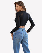 Long-sleeve cut-out fishnet top in black, back mesh cut-out panels and long sleeves