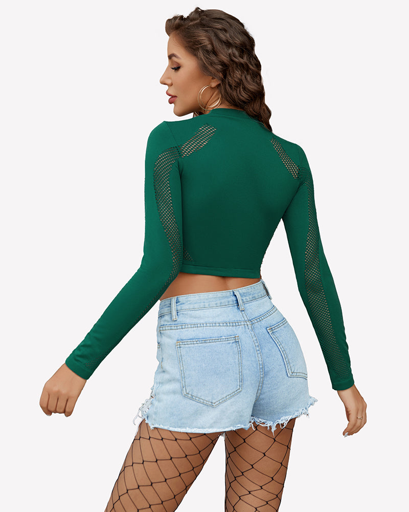 Long-sleeve cut-out fishnet top in green, back view with openwork mesh sleeve panels
