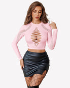 Long-sleeve cut-out fishnet top in pink, vertical ladder cut-out at the chest
