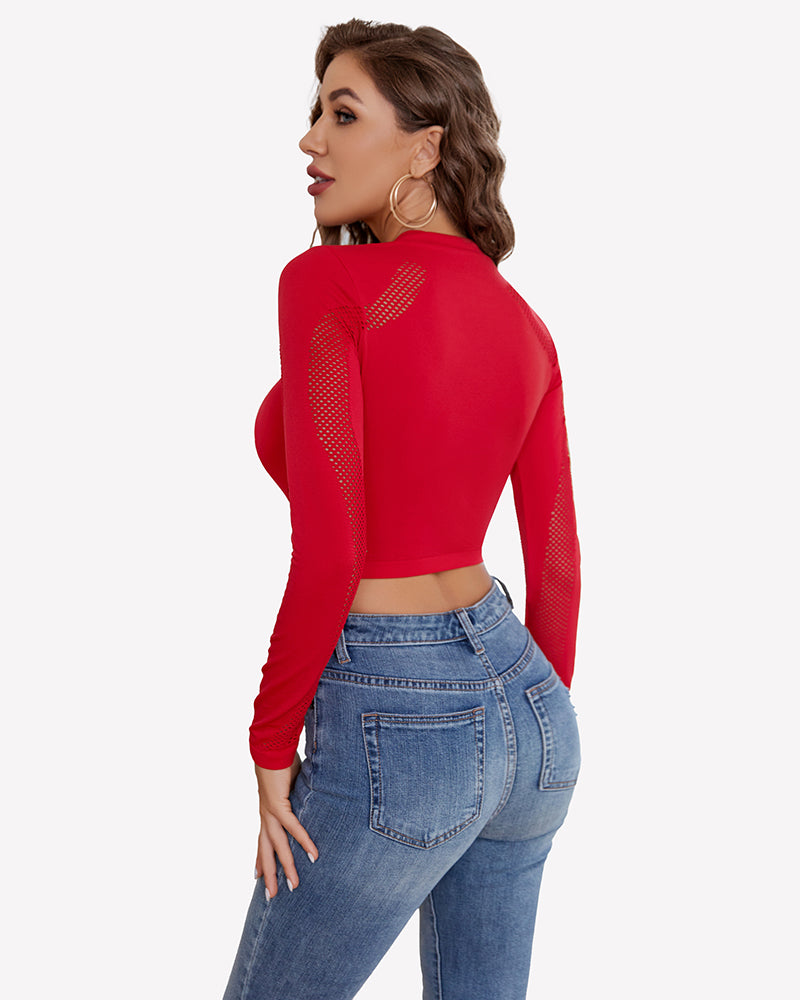 Long-sleeve cut-out fishnet top in red, openwork mesh panels on back and sleeves