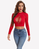 Long-sleeve cut-out fishnet top in red, crew neck with vertical ladder cut-out