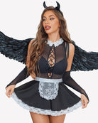 Black maid lingerie costume with lace-up front, ruffled skirt hem and sheer gloves