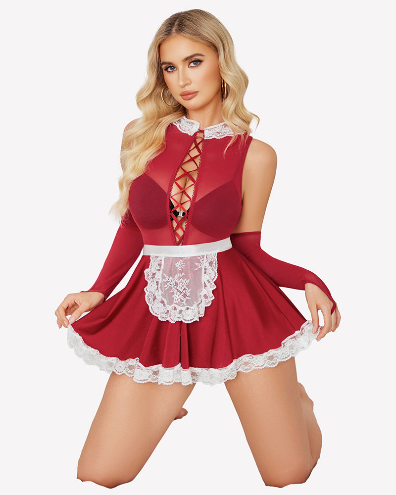 Red maid lingerie costume with sheer gloves, lace-up bodice and white lace apron skirt