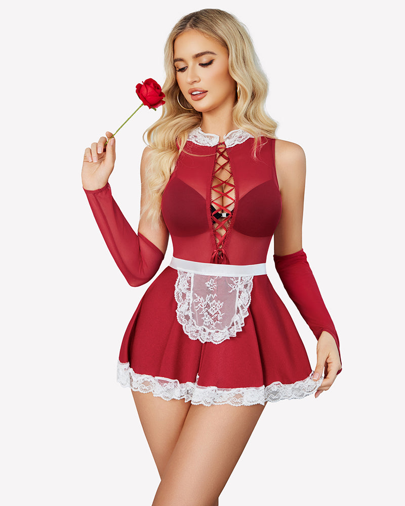 Red maid lingerie costume with sheer gloves, lace-up bodice and white lace skirt