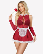 Red maid lingerie costume with sheer gloves, lace-up bodice and white lace skirt