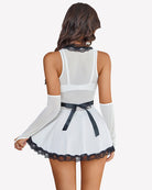 White maid lingerie costume back view with black belt ribbon and sheer long gloves