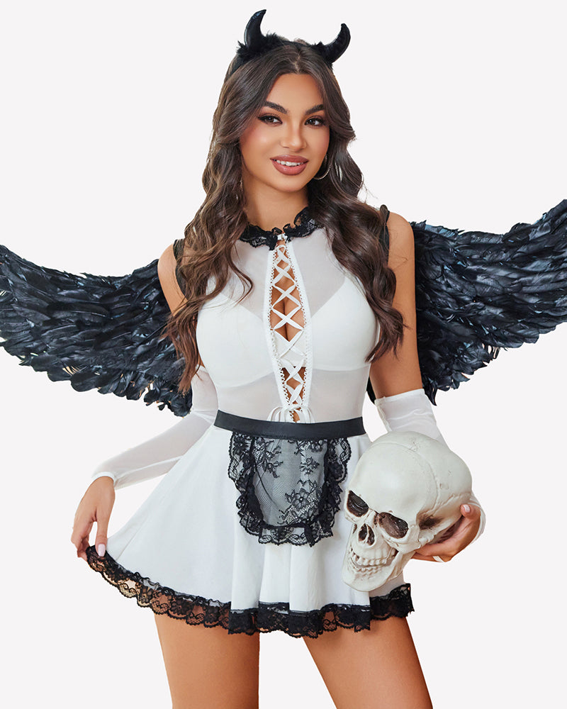 White maid lingerie costume with black lace trim, corset front, sheer long gloves, and wings
