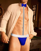 Men's low-rise thong with bow tie and harness straps, blue