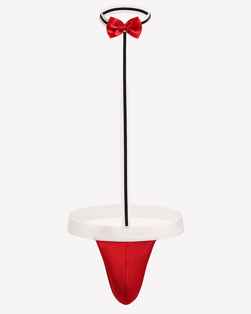 Men's low-rise red thong with matching bow tie and white waistband trim