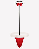 Men's low-rise red thong with matching bow tie and white waistband trim
