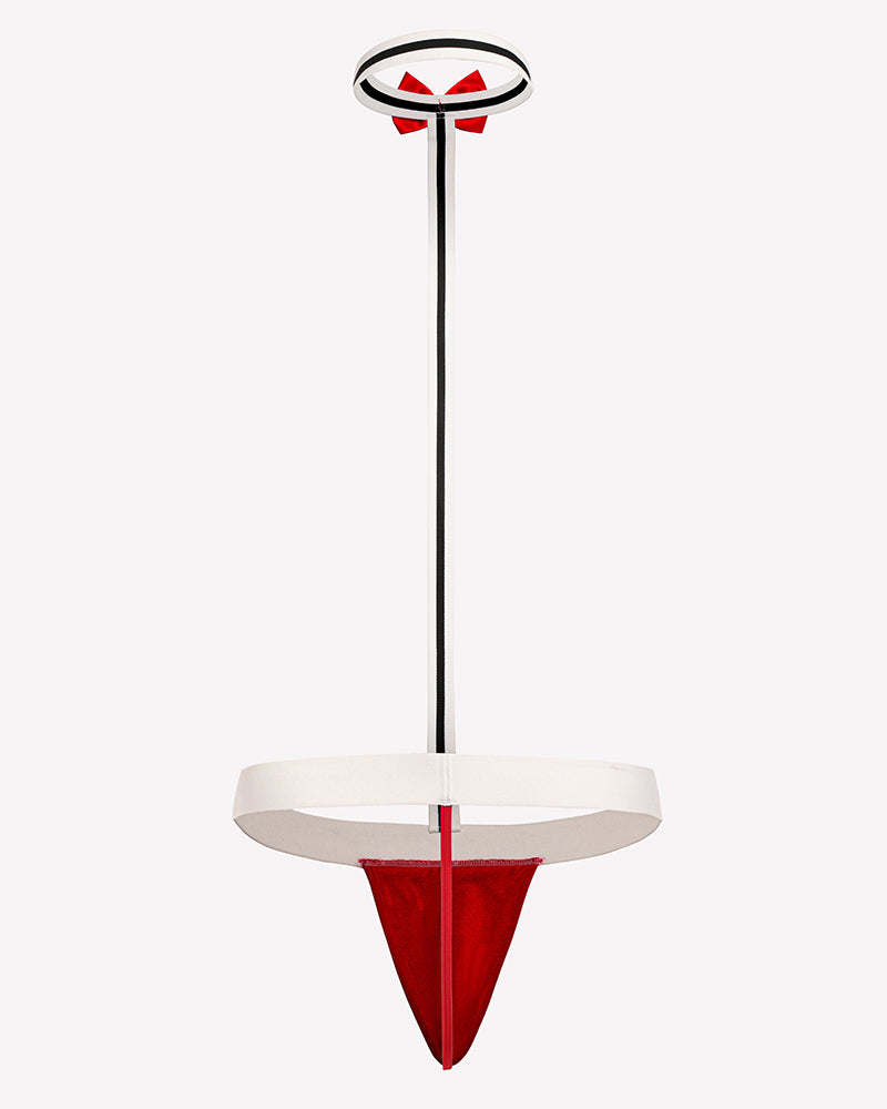 Men's low-rise red thong with matching bow tie and white waistband trim