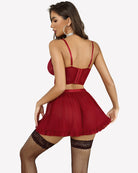 Red flared mini skirt with ruffled hem and bralette, thigh garter straps