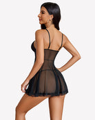 Black lace babydoll with open-back mesh bodice and lace-trim flared skirt