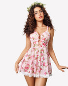 White floral lace babydoll with deep V neckline, keyhole front, and scalloped hem