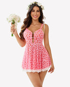 Pink lace babydoll with red heart print, deep V neckline, and scalloped hem