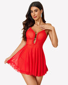 Red lace babydoll lingerie with plunging V neckline and scalloped lace edges