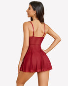 Burgundy lace babydoll lingerie back view with thin straps and lace-trim hem