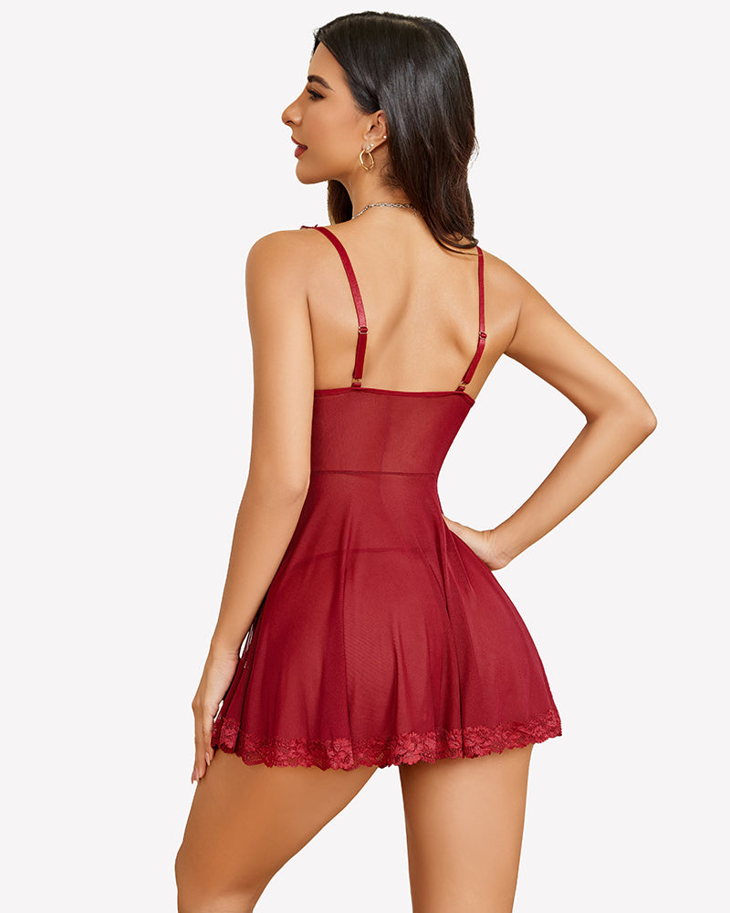 Burgundy lace babydoll lingerie back view with thin straps and lace-trim hem