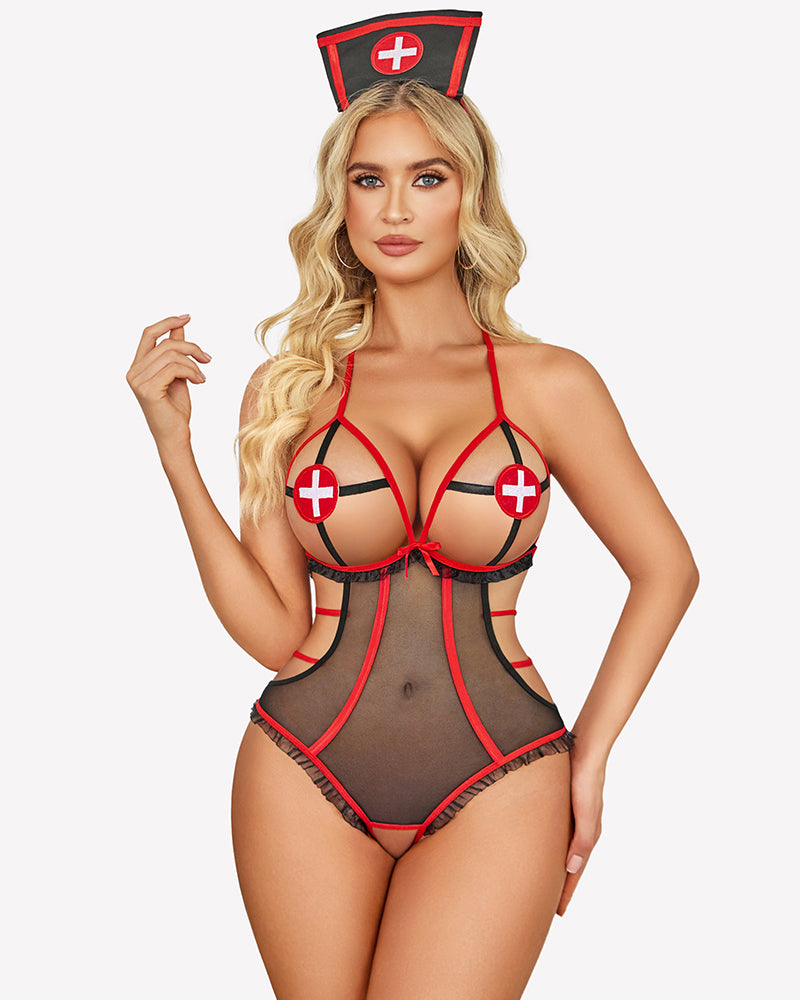 Black mesh nurse bodysuit with red trim and red cross accents, tie-back detail