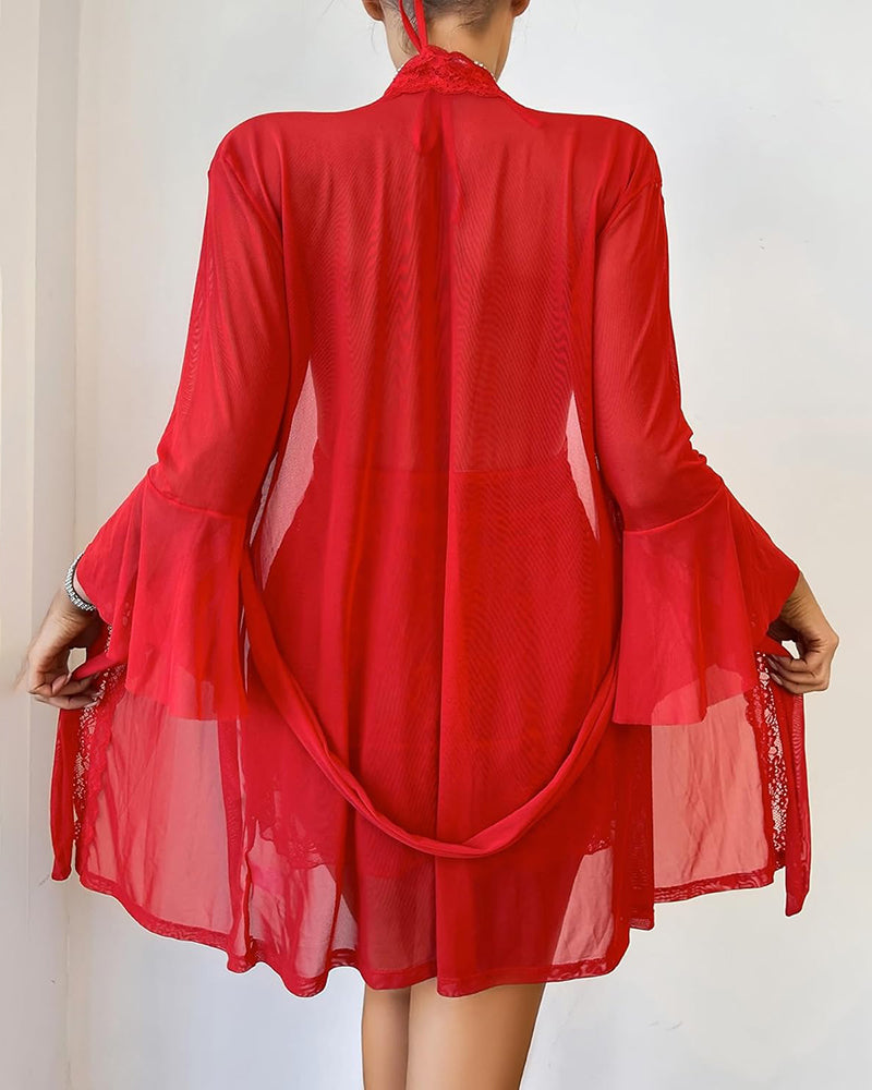 Red sheer mesh kimono robe with lace trim, long flared sleeves and scalloped hem