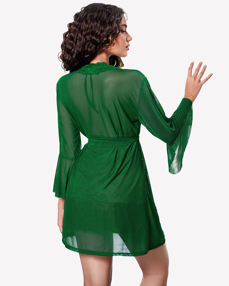 Green sheer kimono robe with lace babydoll, back view, tie waist