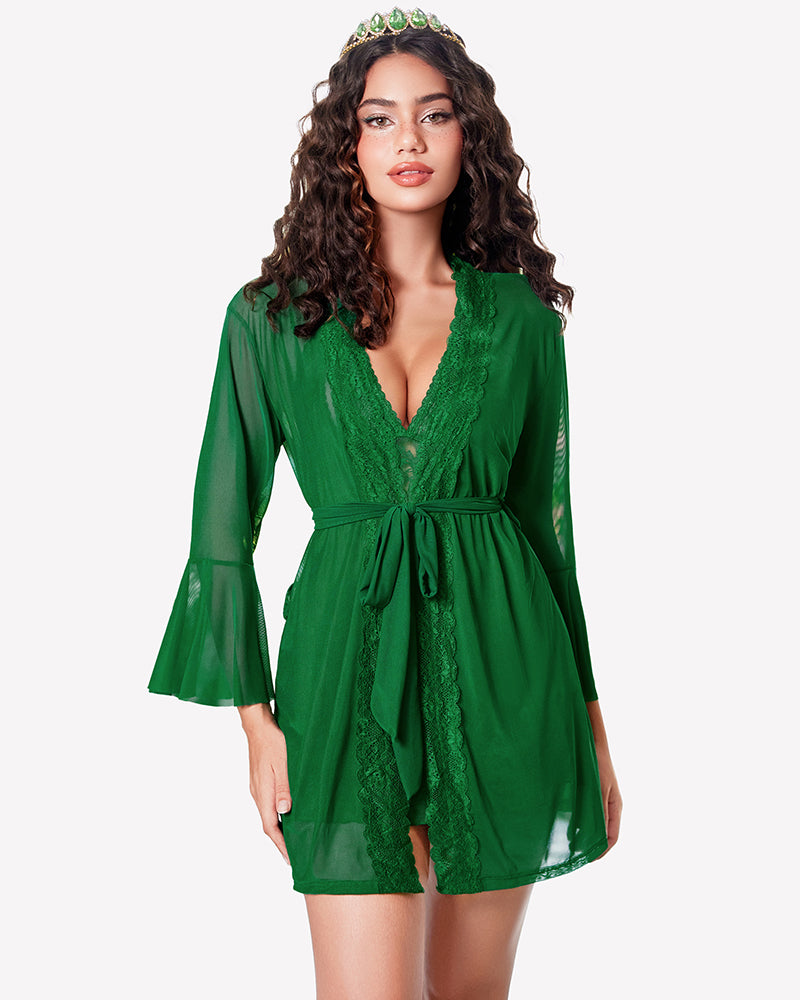 Green sheer kimono robe with lace babydoll, long sleeves, tied waist