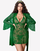 Green mesh kimono robe with lace babydoll, V-neck, scalloped lace hem