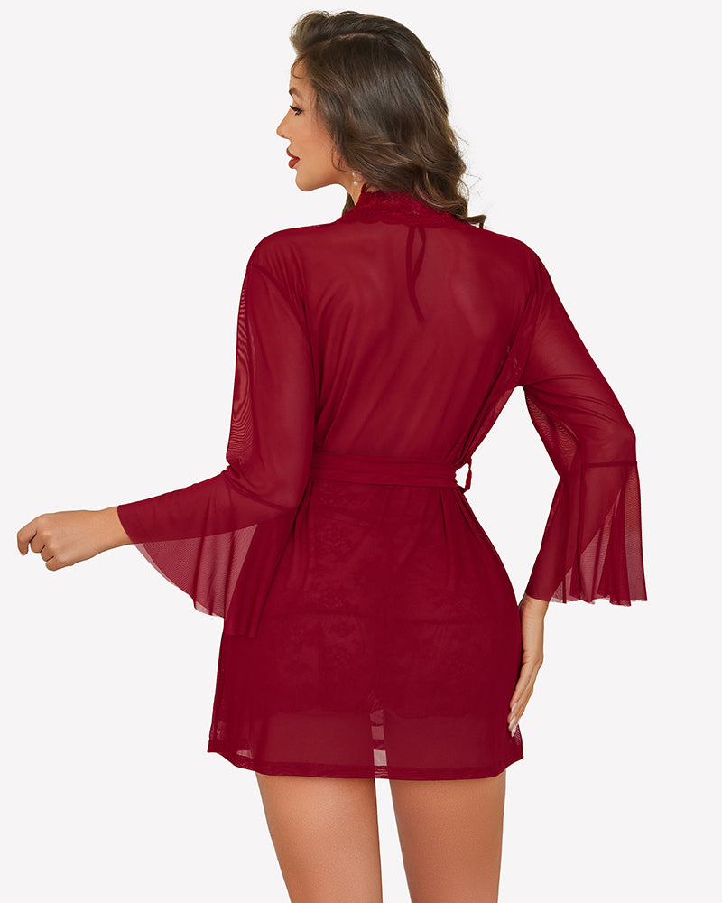 Wine red sheer kimono robe with lace babydoll, back view, tie waist