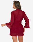 Wine red sheer kimono robe with lace babydoll, back view, tie waist