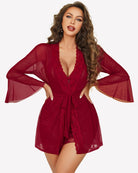 Red lace babydoll with sheer mesh kimono robe, long flared sleeves and tie waist