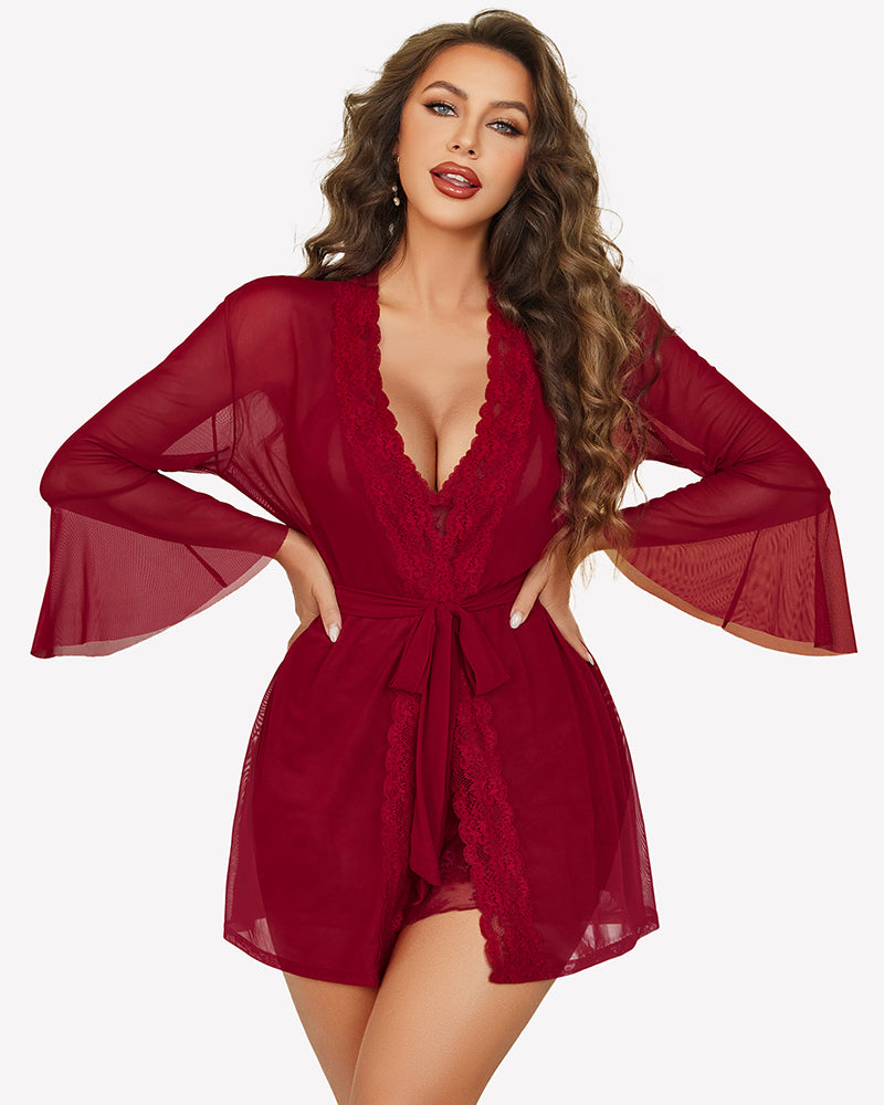 Red lace babydoll with sheer mesh kimono robe, long flared sleeves and tie waist