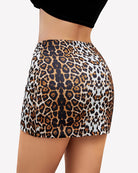 Leopard print ruched mini skirt, back view with gathered seams