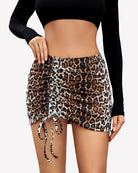 Leopard print ruched mini skirt with side drawstring ties