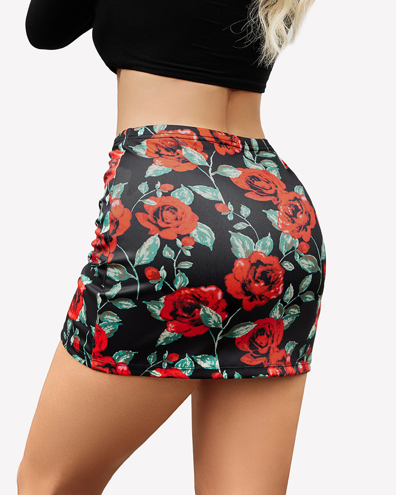 Floral ruched mini skirt, black with red flowers and green leaves, side drawstring ties