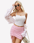 Pink ruched mini skirt with side drawstring tie