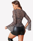 Leopard print bell sleeve V-neck top, back view with flared cuffs