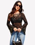 Leopard-print bell sleeve V-neck top with crisscross lace-up neckline