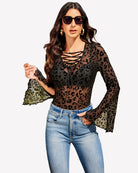 Leopard-print bell sleeve V-neck top with crisscross lace-up neckline