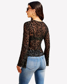 Leopard print bell sleeve top, back view with V-shaped neckline