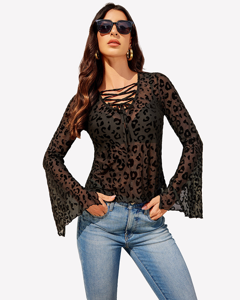 Leopard-print bell sleeve V-neck top with crisscross lace-up neckline
