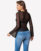 Black sheer long-sleeve top with V-back and bell sleeves