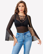 Black sheer bell sleeve V-neck top with crisscross lace-up neckline
