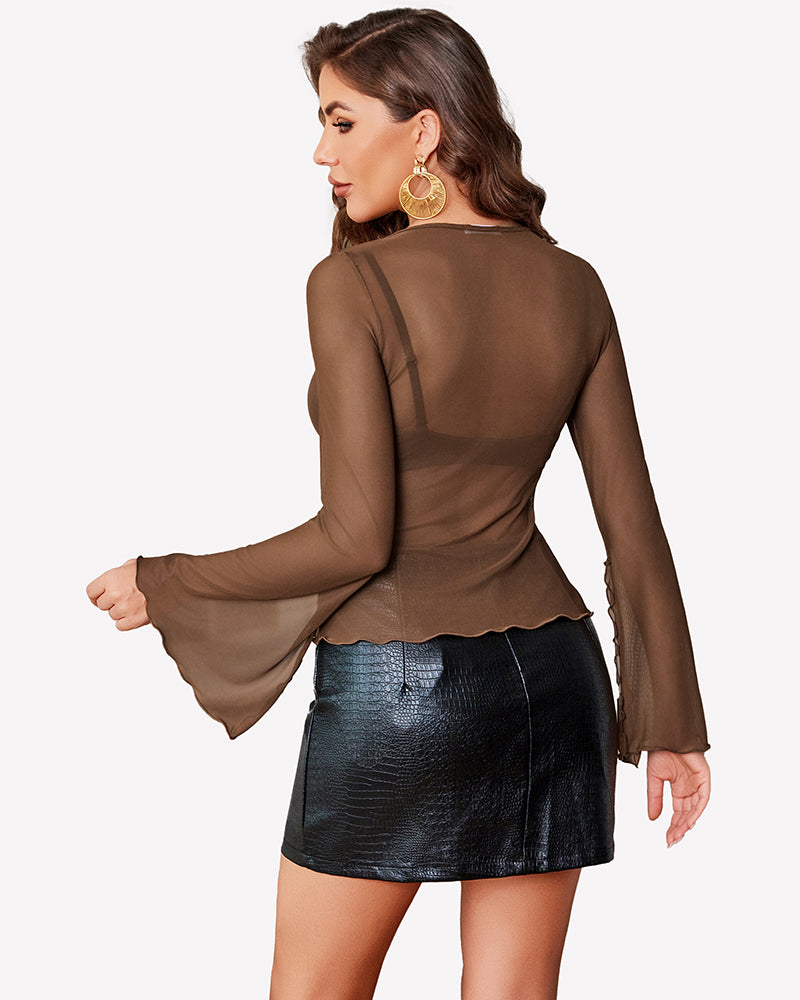 Brown sheer bell-sleeve V-neck crisscross top, long flared sleeves