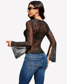 Black star sheer bell-sleeve V-neck top with crisscross back tie