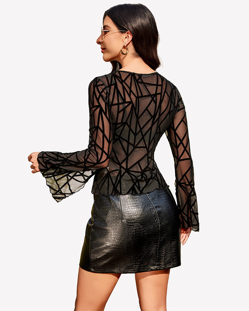 Black geometric sheer bell-sleeve V-neck top, crisscross back detail