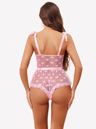 Light pink heart sheer mesh lace bodysuit, back view with tied shoulder straps
