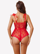 Red heart sheer mesh lace bodysuit, back view with ribbon-tied shoulder straps