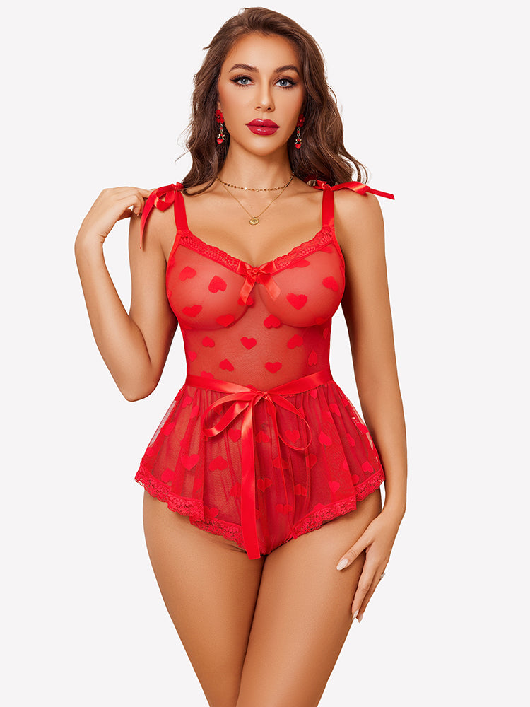 Red heart sheer mesh lace bodysuit with bow front and ruffle waist, front view