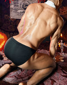 Black tuxedo-style briefs with white button detail