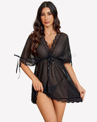 Black sheer mesh short-sleeve dress with lace V-neck, tie waist, scalloped hem